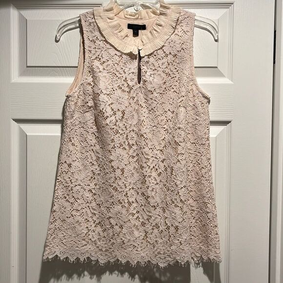 J. Crew Sleeveless Lace Ruffled Neck Top in Dune Size TS( Tall-Small) - Picture 3 of 8